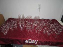 Set of 65 Vintage Atomic Star Snowflake Etched Cut Crystal Stemware Glasses