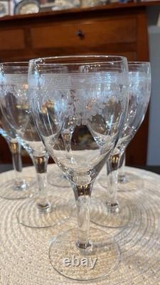 Set of 6 Etched Floral Pattern Clear Glass Wine Glasses
