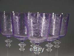 Set of 6 Exceptional Vintage Lilac Glass Etched Wine Goblets c. 1930