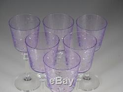 Set of 6 Exceptional Vintage Lilac Glass Etched Wine Goblets c. 1930