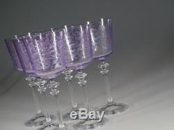 Set of 6 Exceptional Vintage Lilac Glass Etched Wine Goblets c. 1930