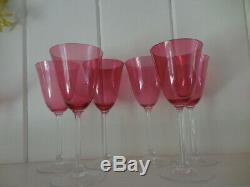 Set of 6 Rare Vintage Depression Cranberry Pilgrim Glass 8 Wine Water Goblet