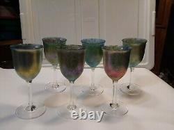 Set of 6 Rare Vintage Steven Maslach Iridescent Blue Speckled Art Wine Glasses