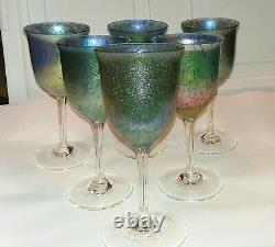Set of 6 Rare Vintage Steven Maslach Iridescent Blue Speckled Art Wine Glasses