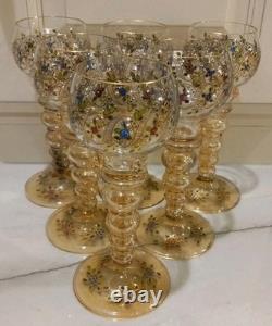 Set of 6 Vintage Bohemian Moser WINE GOBLET Glass Gold Gilt Hand Painted