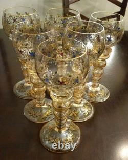 Set of 6 Vintage Bohemian Moser WINE GOBLET Glass Gold Gilt Hand Painted