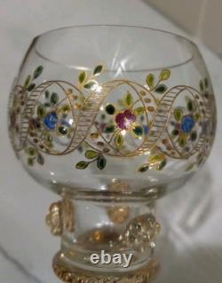 Set of 6 Vintage Bohemian Moser WINE GOBLET Glass Gold Gilt Hand Painted