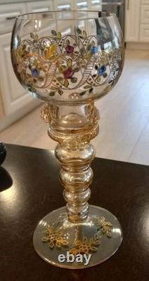 Set of 6 Vintage Bohemian Moser WINE GOBLET Glass Gold Gilt Hand Painted