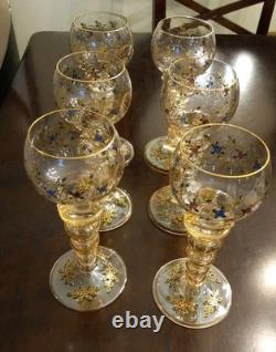 Set of 6 Vintage Bohemian Moser WINE GOBLET Glass Gold Gilt Hand Painted