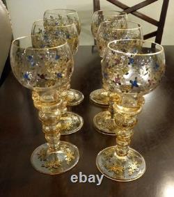 Set of 6 Vintage Bohemian Moser WINE GOBLET Glass Gold Gilt Hand Painted