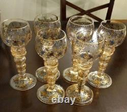 Set of 6 Vintage Bohemian Moser WINE GOBLET Glass Gold Gilt Hand Painted