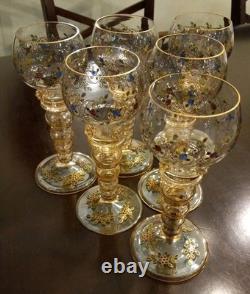 Set of 6 Vintage Bohemian Moser WINE GOBLET Glass Gold Gilt Hand Painted