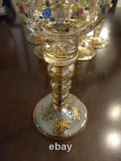 Set of 6 Vintage Bohemian Moser WINE GOBLET Glass Gold Gilt Hand Painted