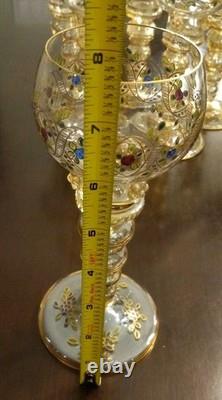 Set of 6 Vintage Bohemian Moser WINE GOBLET Glass Gold Gilt Hand Painted