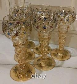 Set of 6 Vintage Bohemian Moser WINE GOBLET Glass Gold Gilt Hand Painted