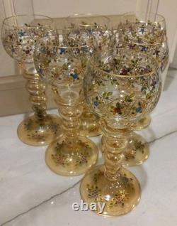 Set of 6 Vintage Bohemian Moser WINE GOBLET Glass Gold Gilt Hand Painted