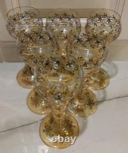 Set of 6 Vintage Bohemian Moser WINE GOBLET Glass Gold Gilt Hand Painted
