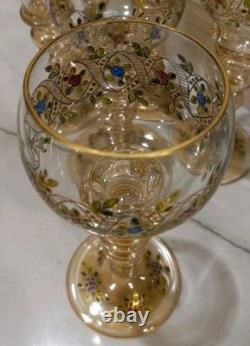 Set of 6 Vintage Bohemian Moser WINE GOBLET Glass Gold Gilt Hand Painted