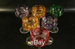 Set of 6 Vintage Crystal Colored Cut To Clear Czech Bohemian Wine Glass Marked
