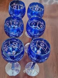 Set of 6 Vintage Crystal Stemware Cobalt Blue Cut Wine Glasses