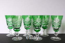 Set of 6 Vintage Emeral Green Cut to Clear Crystal Wine Glasses