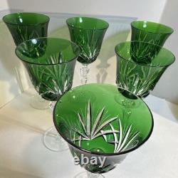 Set of 6 Vintage Green cut to clear Crystal Wine Glasses
