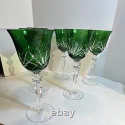 Set of 6 Vintage Green cut to clear Crystal Wine Glasses