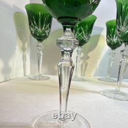 Set of 6 Vintage Green cut to clear Crystal Wine Glasses