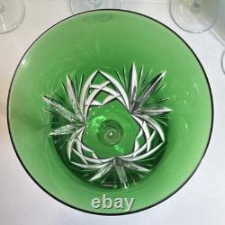Set of 6 Vintage Green cut to clear Crystal Wine Glasses