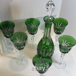 Set of 6 Vintage Green cut to clear Crystal Wine Glasses