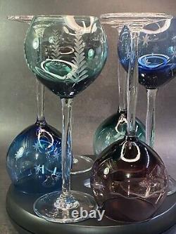 Set of (6) Vintage Hand Blown Ombre Wine Glasses Stemware 9in tall. 12oz