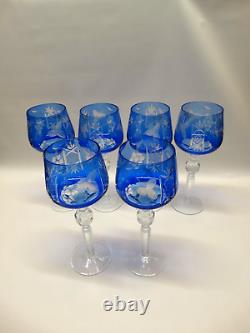 Set of 6 Vintage Hortensja Poland Cobalt Blue Hock Stem Crystal Wine Glasses HTF