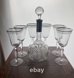 Set of 6 Vintage Optic Wine Glasses With Platinum Trim And Decanter