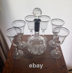 Set of 6 Vintage Optic Wine Glasses With Platinum Trim And Decanter