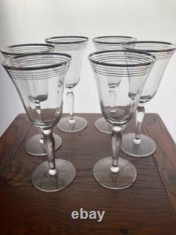 Set of 6 Vintage Optic Wine Glasses With Platinum Trim And Decanter