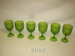 Set of 6 Vintage Water Wine Goblets Hobnail Green Footed Glass L. E Smith Fenton