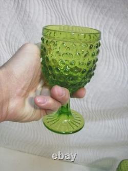 Set of 6 Vintage Water Wine Goblets Hobnail Green Footed Glass L. E Smith Fenton