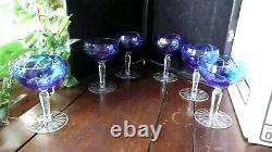 Set of 6 Vtg Crystal Cut Blue Stemware Wine Champagne Etched Glasses Poland