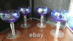 Set of 6 Vtg Crystal Cut Blue Stemware Wine Champagne Etched Glasses Poland