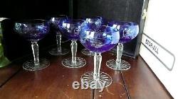 Set of 6 Vtg Crystal Cut Blue Stemware Wine Champagne Etched Glasses Poland