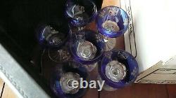 Set of 6 Vtg Crystal Cut Blue Stemware Wine Champagne Etched Glasses Poland