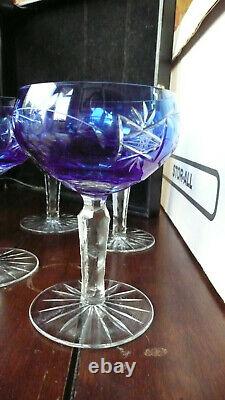 Set of 6 Vtg Crystal Cut Blue Stemware Wine Champagne Etched Glasses Poland