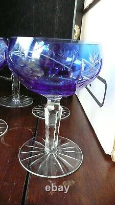 Set of 6 Vtg Crystal Cut Blue Stemware Wine Champagne Etched Glasses Poland