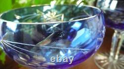 Set of 6 Vtg Crystal Cut Blue Stemware Wine Champagne Etched Glasses Poland