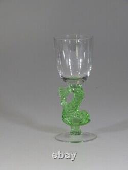 Set of 6 Wonderful Vintage Czech Glass Green Dolphin Stem Cordial Glasses c. 1930