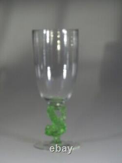 Set of 6 Wonderful Vintage Czech Glass Green Dolphin Stem Water Goblets c. 1930
