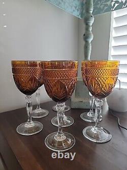 Set of 7 Vintage Cristal D'arques Durand Amber Etched Wine Water Goblets Fall