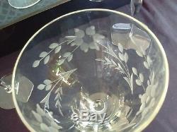 Set of 8 Optic Gray Cut Floral Crystal Red Wine Glasses Goblets Vintage 1950/60s