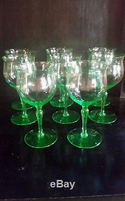 Set of 8 VINTAGE VASELINE Green URANIUM 7 Optic WINE GLASS GOBLETS