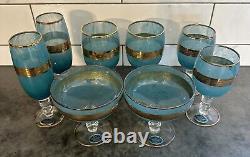 Set of 8 VTG Cristallerie Italiane Aqua Blue & 24K Gold Gilt Glasses RARE